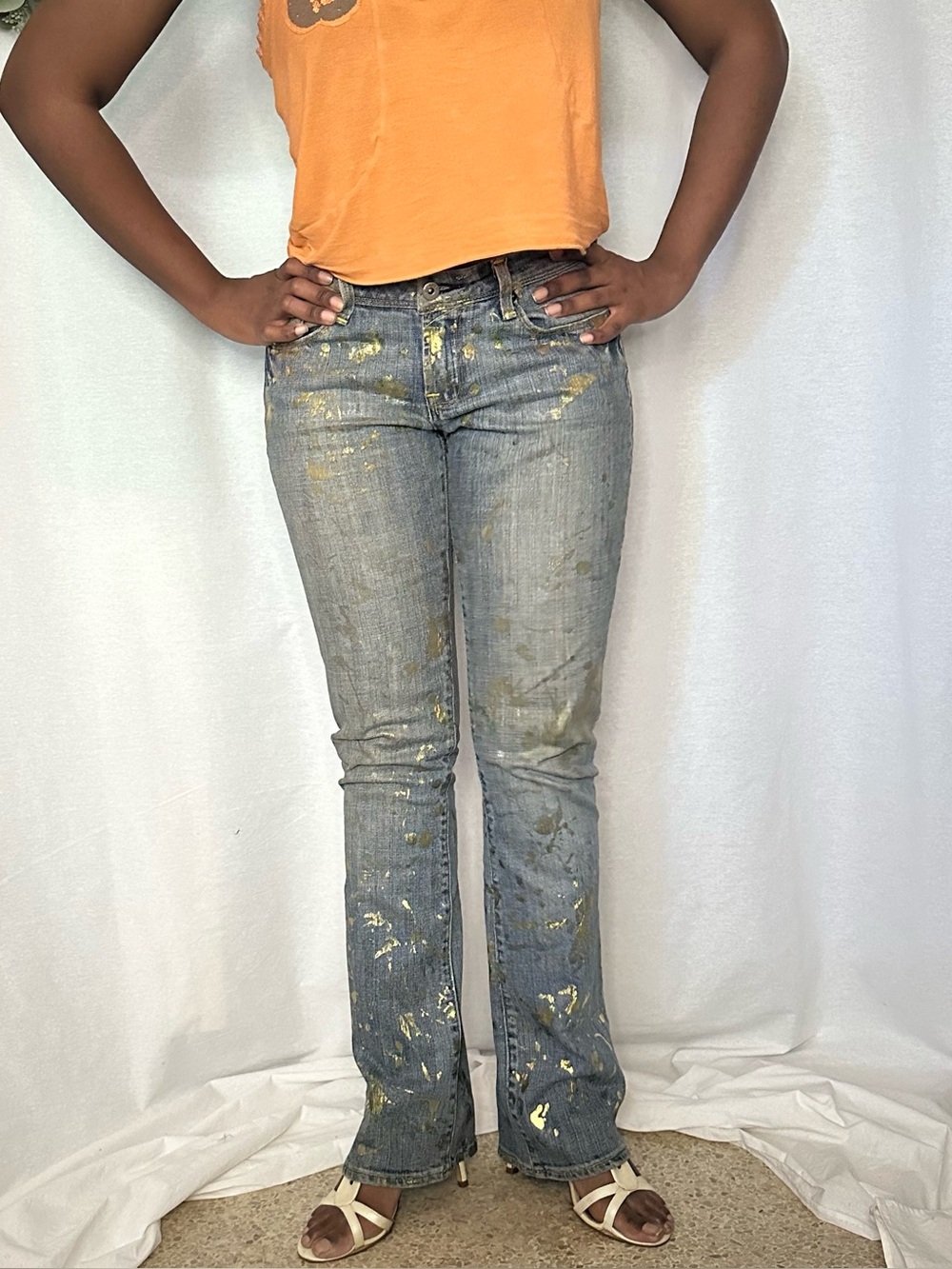 Yank Korea bootcut style gold splatter light wash art jeans